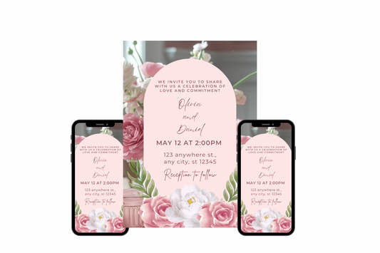 Pink Rose Wedding Invitation Template, Pink Flowers Wedding Inivte, Editable Blush Pink Wedding Invitation, Instant Download